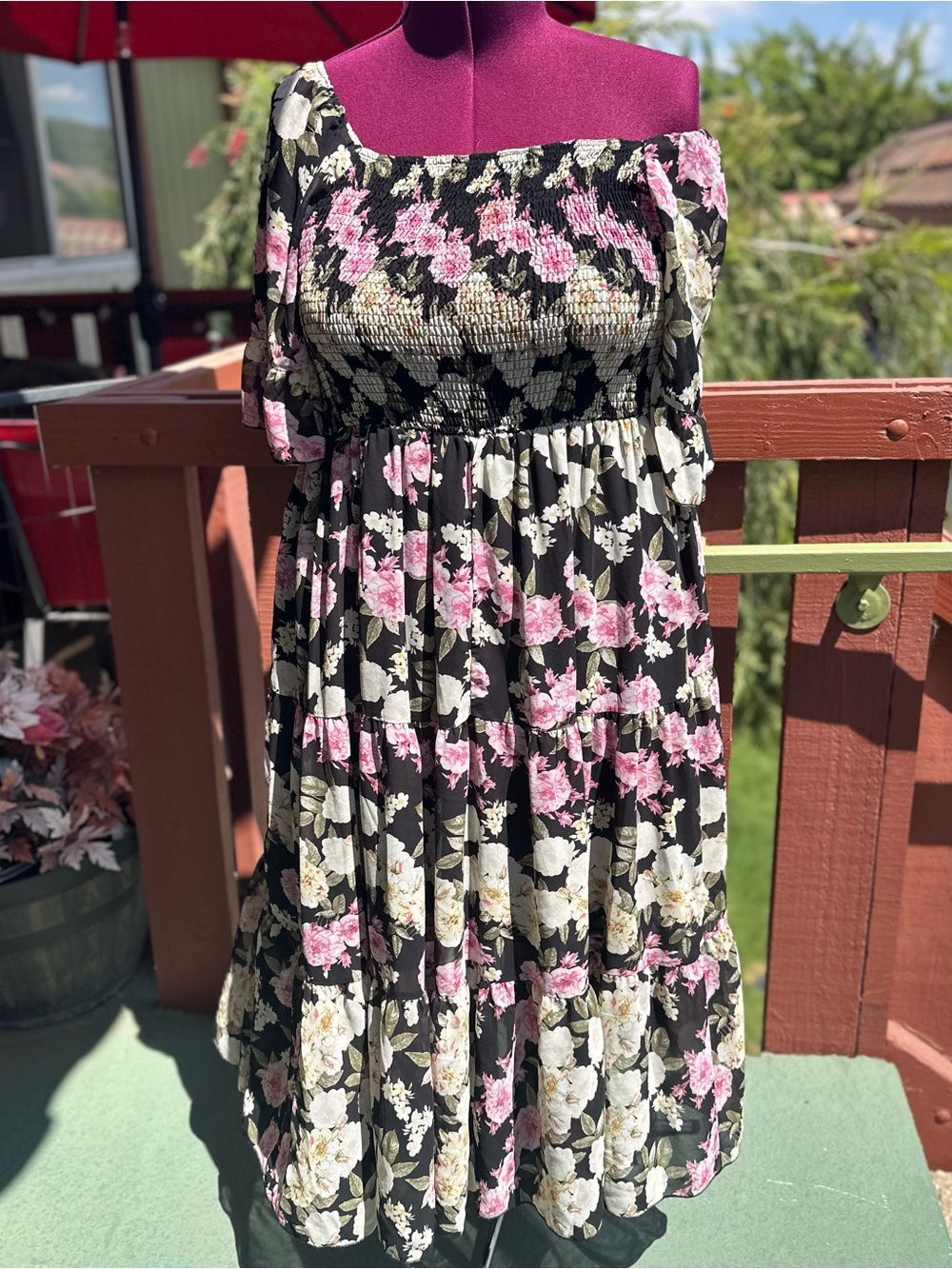 SHEIN Curve Black Floral Smocked Midi Dress with Pink & Cream Blooms Whimsigoth